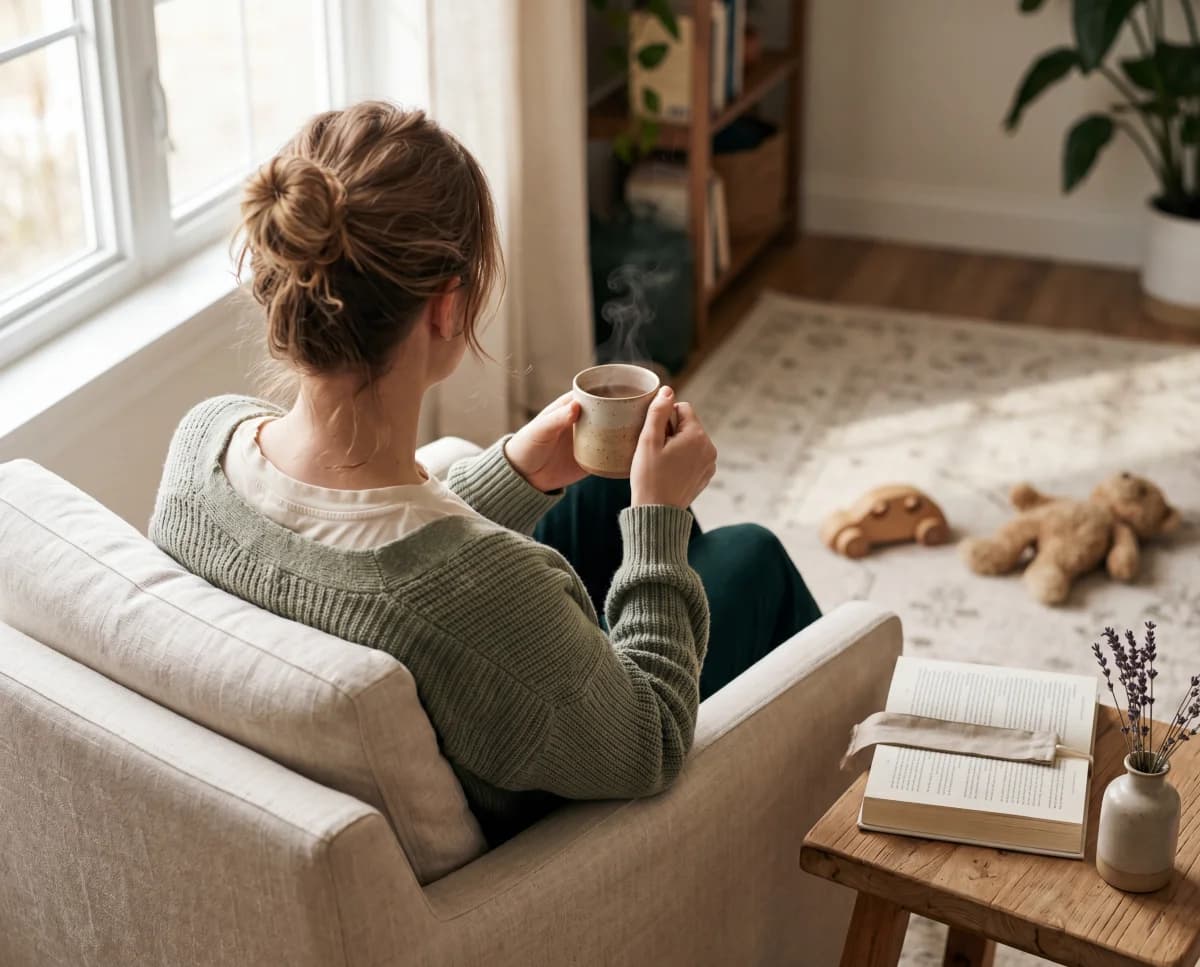 Frau sitzt am Fenster mit einer Tasse Tee, im Hintergrund Kinderspielzeug