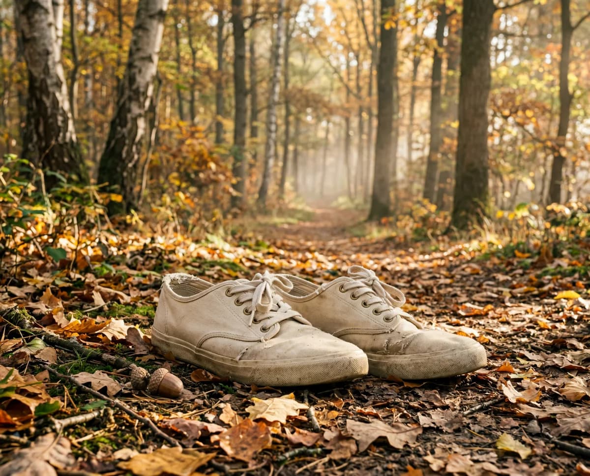Walking-Schuhe auf einem ruhigen Waldweg mit Herbstlaub
