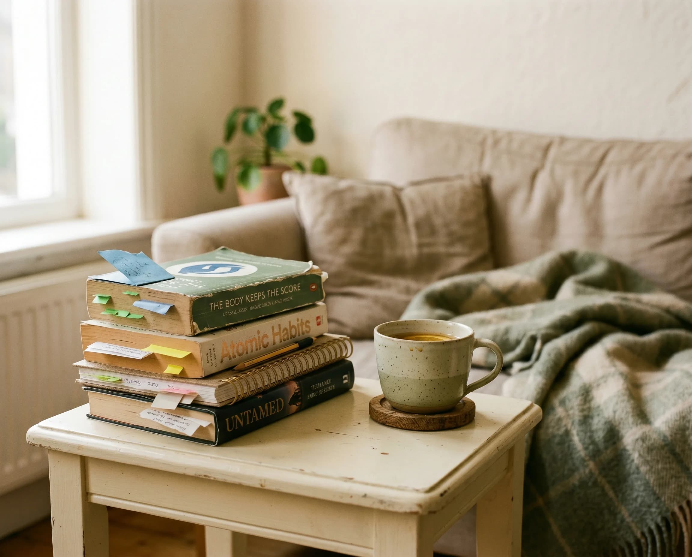 Stapel angefangener Selbsthilfe-Bücher mit Lesezeichen auf einem Beistelltisch, daneben eine halbleere Tasse Kräutertee