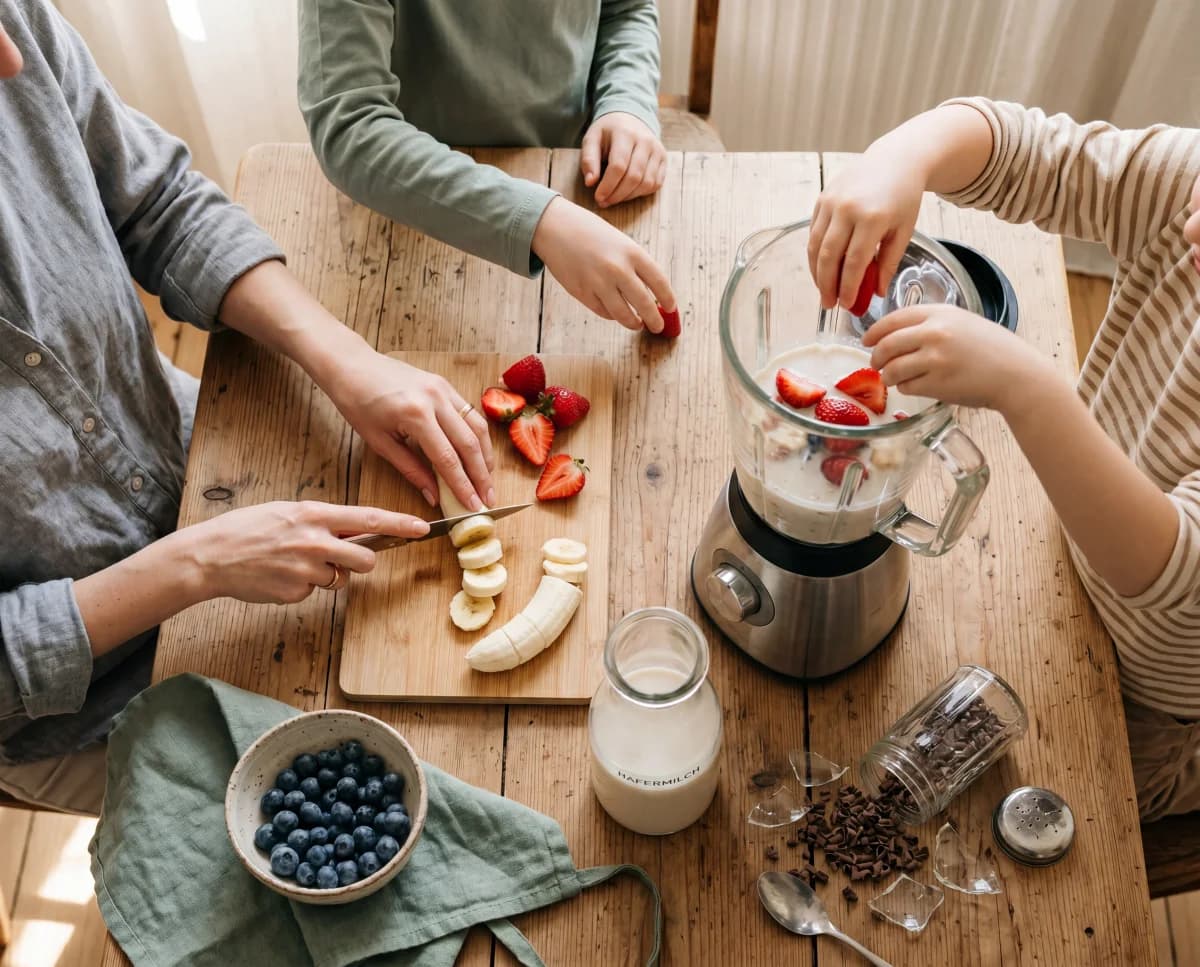 Mutter und Kinder bereiten gemeinsam einen Smoothie zu