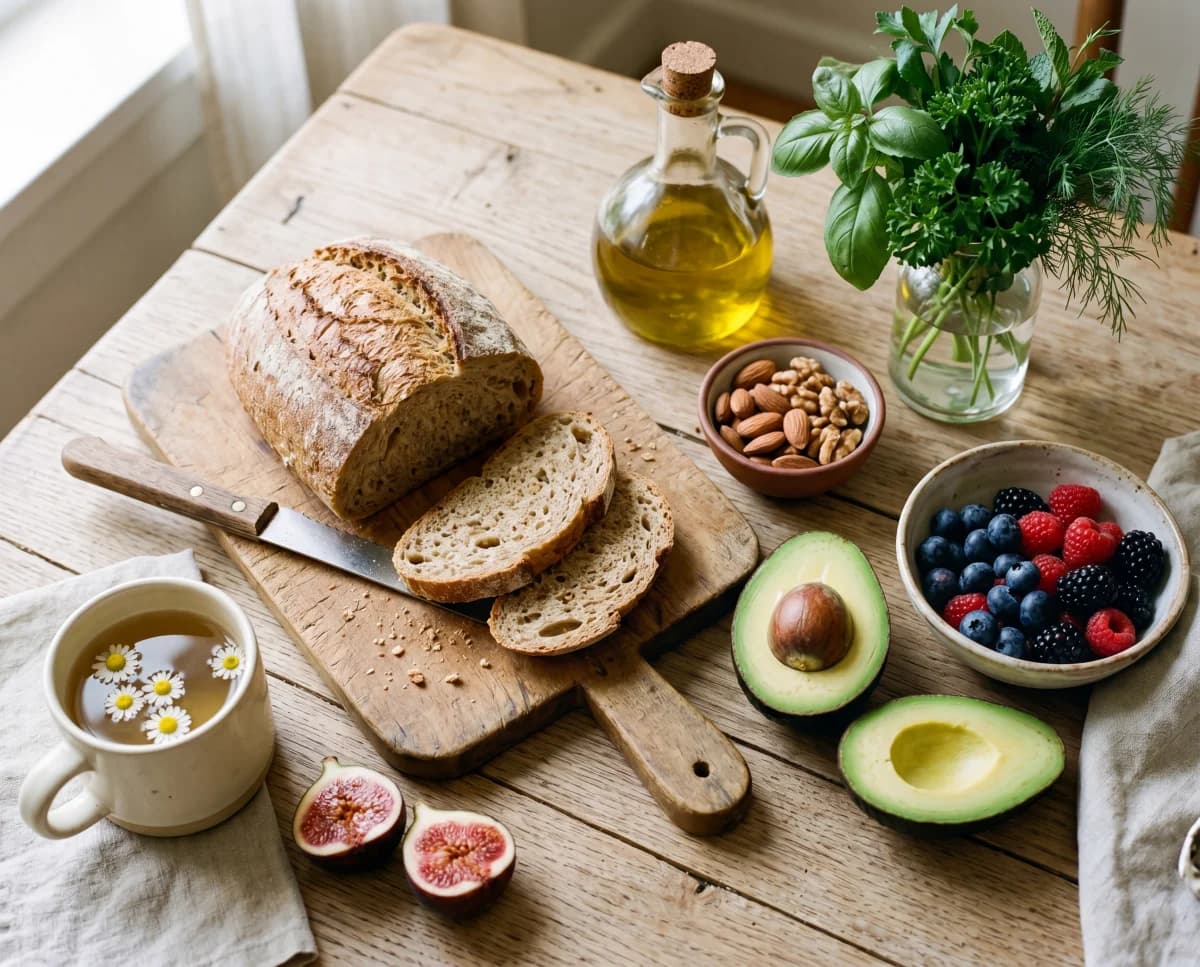 Üppiges Stillleben mit Vollkornbrot, Avocado, Beeren, Kräutern und Olivenöl